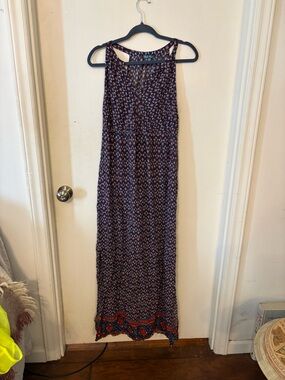 Women’s Sleeveless Printed Maxi Dress - Navy with Red Accents